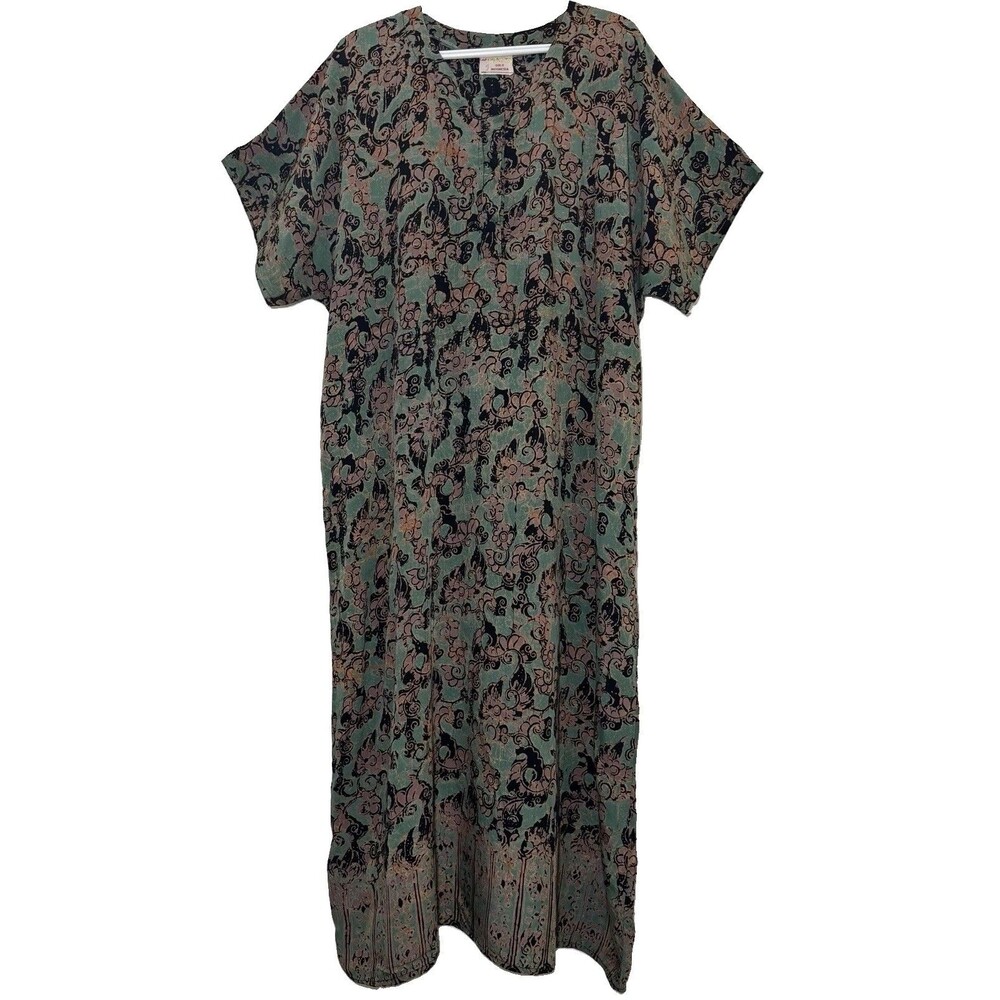 Vintage Batik Cap Yunita Indonesia Caftan Maxi Dress Pockets XL 2X 51”